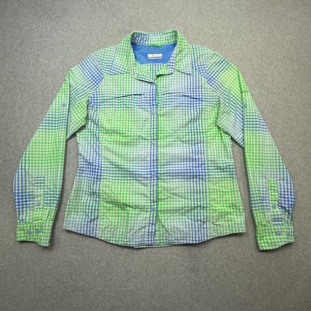 Columbia Silver Ridge Utility Shirt Womens Large Green Blue Plaid Vented Fishing